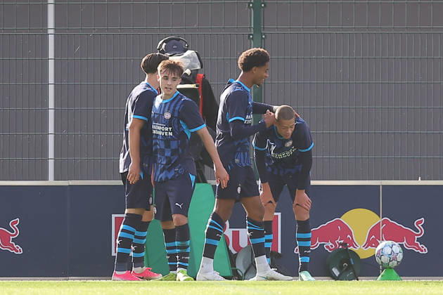 RB Leipzig U19 - PSV Eindhoven U19 UEFA Youth League Leipzig, 13.10.2026, Trainingszentrum am Cottaweg, Fußball, Saison 2026 2027, U19 Junioren, UEFA Youth League, 2. Spieltag , RB Leipzig U19 - PSV Eindhoven U19 1:6 (1:1) , Im Bild: Tor für Eindoven, Torjubel nach dem 1:2, Torschütze Austyn Jones (9 , Eindhoven) , Nur für journalistische Zwecke! For editorial use only! , UEFA regulations prohibit any use of photographs as image sequences and or quasi-video. ,