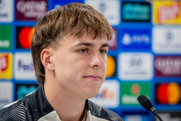 SLOVAN BRATISLAVA - STUTTGART Leo Sauer of Stuttgart speaks during press conference, PK, Pressekonferenz ahead of the matchday 2 of League phase round of UEFA Champions league football match between SK Slovan Bratislava and VfB Stuttgart at Narodny futbalovy stadion National football stadium Tehelne Pole. Bratislava, Slovakia, October 14, 2026. Copyright: xx 080A8152