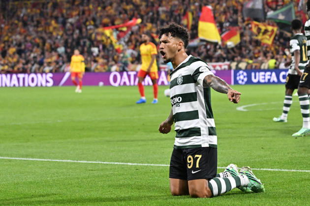 261013 RC Lens vs Sporting CP Luis Suarez (97) of Sporting CP celebrates after scoring the 0-1 goal during the Uefa Champions League matchday 2 game in the League phase in season 2026 - 2027 between Racing Club de Lens and Sporting CP Lisbon on October 13 , 2026 in Lens, France. (Photo by David Catry Sportpix) Lens Stade Bollaert Delelis France  Copyright: xSportpixxDavidxCatryx