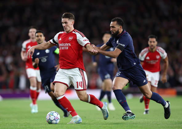 London, England, 13th October 2026. Viktor Gyokeres of Arsenal tussles with Nabil Bentaleb of LOSC Lille during the Arsenal vs LOSC Lille UEFA Champions League match at the Emirates Stadium, London. Picture credit should read: David Klein Sportimage EDITORIAL USE ONLY. No use with unauthorised audio, video, data, fixture lists, club league logos or live services. Online in-match use limited to 120 images, no video emulation. No use in betting, games or single club league player publications. SPI_022_DK_Arsenal_Lille SPI-5065-0023