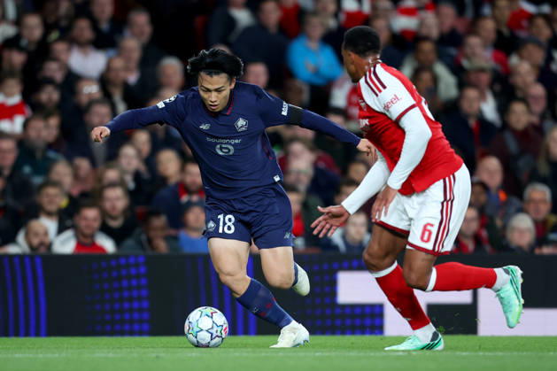 Arsenal FC v LOSC Lille - UEFA Champions League 2026 27 League Phase MD2 Ayase Ueda of LOSC Lille and Gabriel Magalhaes of Arsenal challenge during the UEFA Champions League 2026 27 League Phase MD2 match between Arsenal FC and LOSC Lille at Arsenal Stadium on October 13, 2026 in London, England. London Arsenal Stadium England United Kingdom Copyright: xAllstarxPicturexLibraryxLtdx