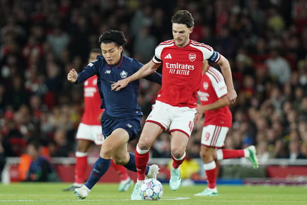 Arsenal v Lille OSC, UEFA Champions League Declan Rice of Arsenal under pressure from Ayase Ueda of Lille during Arsenal v Lille OSC UEFA Champions League matchday 2 at the Emirates Stadium, London, England on 13 October 2026 Credit: Dylan Hepworth Every Second Media Editorial use only. All images are copyright Every Second Media Limited. No images may be reproduced without prior permission. Copyright: xIMAGO EveryxSecondxMediax ESM-2215-0023 DylanxHepworthx xEveryxSecondxMediax