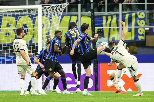 Club s Nicolo Tresoldi is pictured in action during a soccer game between Italian Inter Milan and Belgian Club Brugge KV, Tuesday 13 October 2026 in Milan, Italy, on day 2 of the UEFA Champions League league phase. BRUNOxFAHY  x189714637x