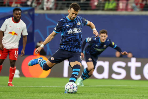 Deutschland: Fußball - UEFA Champions League - Saison 2026 - 2027, 2. Spieltag - RB Leipzig gegen PSV Eindhoven, Red Bull Arena (Leipzig): Verschossener Elfmeter von Ivan PeriÅ¡ić (PSV Eindhoven, 5) Copyright: xLucasxWalterx