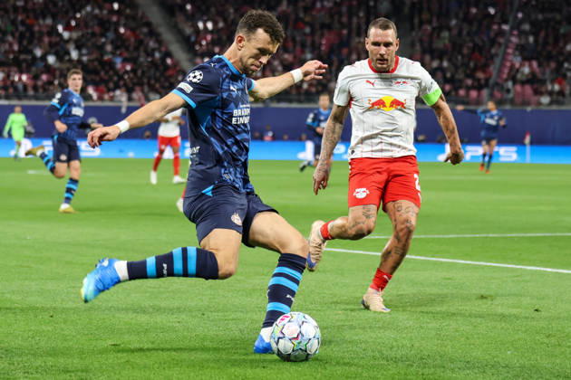 Deutschland: Fußball - UEFA Champions League - Saison 2026 - 2027, 2. Spieltag - RB Leipzig gegen PSV Eindhoven, Red Bull Arena (Leipzig): Flanke von Ivan PeriÅ¡ić (PSV Eindhoven, 5) Copyright: xLucasxWalterx
