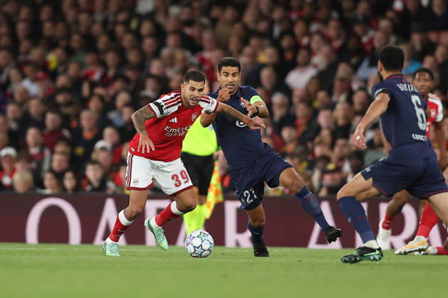 RECORD DATE NOT STATED 13th October 2026; Arsenal Stadium, London, England; UEFA Champions League Football, Arsenal versus Lille; Bruno Guimaraes of Arsenal and Benjamin Andre of Lille KatiexChan