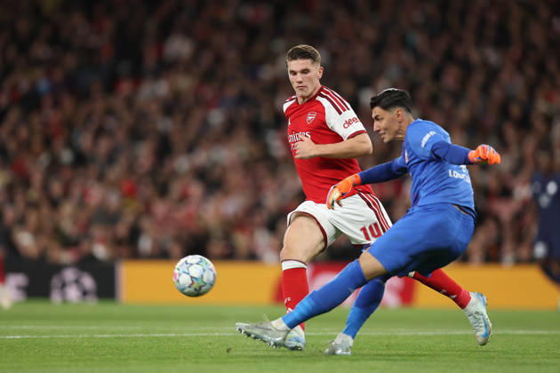 RECORD DATE NOT STATED 13th October 2026; Arsenal Stadium, London, England; UEFA Champions League Football, Arsenal versus Lille; Goalkeeper Berke Ozer of Lille makes a long pass under pressure from Viktor Gyokeres KatiexChan