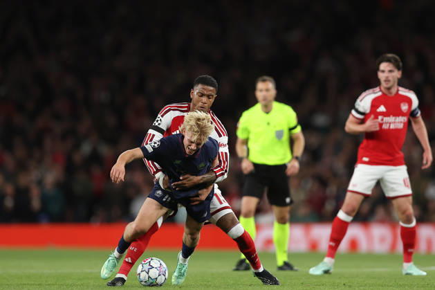 RECORD DATE NOT STATED 13th October 2026; Arsenal Stadium, London, England; UEFA Champions League Football, Arsenal versus Lille; Hakon Arnar Haraldsson of Lille is fouled by Ezri Konsa of Arsenal KatiexChan