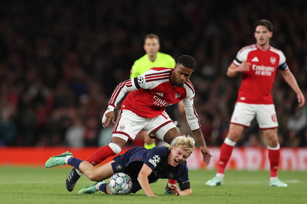RECORD DATE NOT STATED 13th October 2026; Arsenal Stadium, London, England; UEFA Champions League Football, Arsenal versus Lille; Hakon Arnar Haraldsson of Lille is fouled by Ezri Konsa of Arsenal KatiexChan