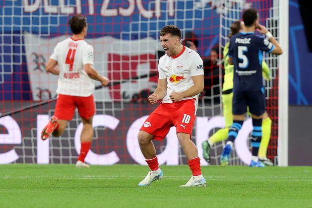 13.10.2026, xtgx, Fussball, UEFA Champions League, RB Leipzig - PSV Eindhoven, v.l. Brajan Gruda (RB Leipzig) jubelt nach dem gehaltenen Elfmeter (DFL DFB REGULATIONS PROHIBIT ANY USE OF PHOTOGRAPHS as IMAGE SEQUENCES and or QUASI-VIDEO) Leipzig