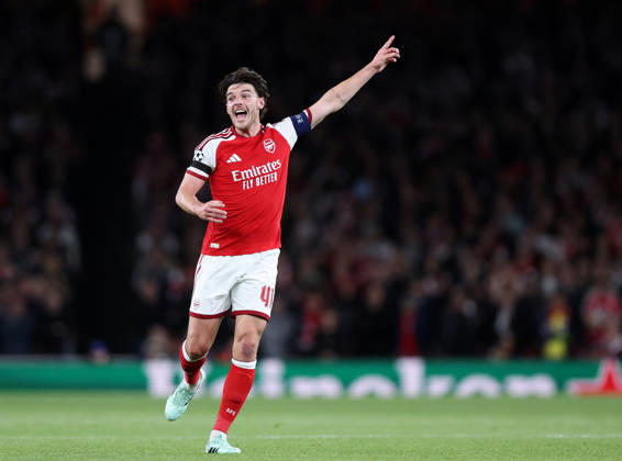 London, England, 13th October 2026. Declan Rice of Arsenal during the Arsenal vs LOSC Lille UEFA Champions League match at the Emirates Stadium, London. Picture credit should read: David Klein Sportimage EDITORIAL USE ONLY. No use with unauthorised audio, video, data, fixture lists, club league logos or live services. Online in-match use limited to 120 images, no video emulation. No use in betting, games or single club league player publications. SPI_031_DK_Arsenal_Lille SPI-5065-0032