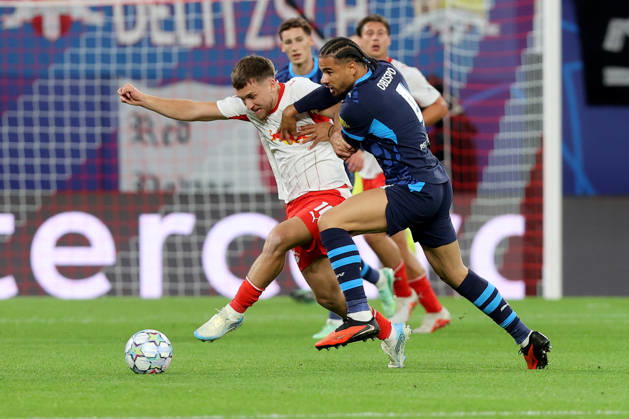 13.10.2026, xtgx, Fussball, UEFA Champions League, RB Leipzig - PSV Eindhoven, v.l. Brajan Gruda (RB Leipzig) Armando Obispo (PSV Eindhoven) Zweikampf, Aktion, action, battle for the ball (DFL DFB REGULATIONS PROHIBIT ANY USE OF PHOTOGRAPHS as IMAGE SEQUENCES and or QUASI-VIDEO) Leipzig