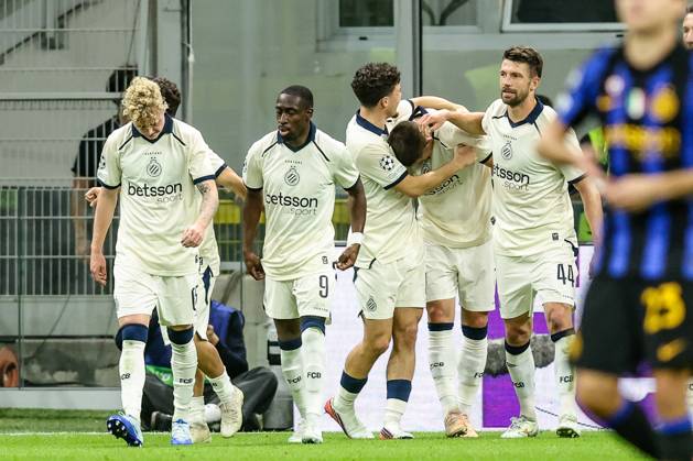 Club s Nicolo Tresoldi celebrates after scoring during a soccer game between Italian Inter Milan and Belgian Club Brugge KV, Tuesday 13 October 2026 in Milan, Italy, on day 2 of the UEFA Champions League league phase. BRUNOxFAHY  x189715533x
