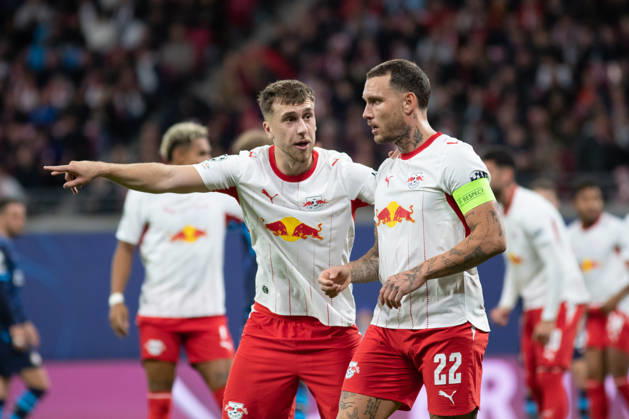 UEFA Champions League: RB Leipzig vs. PSV Eindhoven, 13.10.26 Brajan Gruda (10, RB Leipzig) mit Kapitän David Raum (22, RB Leipzig). Fußball, UEFA Champions League, Saison 2026 2027: RB Leipzig vs. PSV Eindhoven am 13.10.2026 in der Red Bull Arena, Leipzig. Copyright: xBEAUTIFULxSPORTS JanxKaeferx