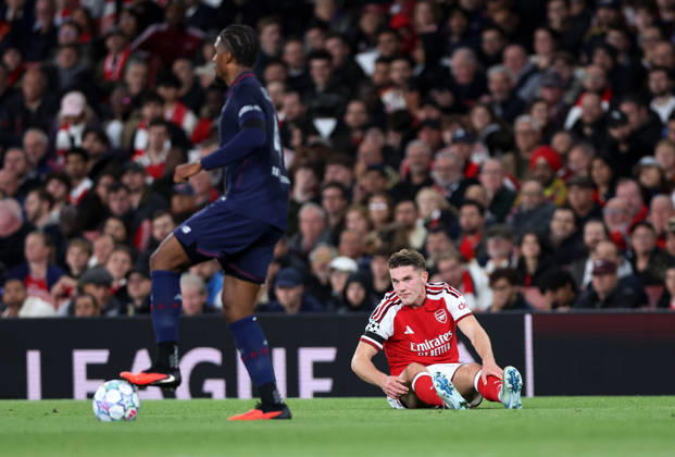 London, England, 13th October 2026. Viktor Gyokeres of Arsenal is left on the floor during the Arsenal vs LOSC Lille UEFA Champions League match at the Emirates Stadium, London. Picture credit should read: David Klein Sportimage EDITORIAL USE ONLY. No use with unauthorised audio, video, data, fixture lists, club league logos or live services. Online in-match use limited to 120 images, no video emulation. No use in betting, games or single club league player publications. SPI_036_DK_Arsenal_Lille SPI-5065-0037