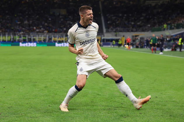 Internazionale v Club Brugge - UEFA Champions League - Giuseppe Meazza Milan, Italy, 13th October 2026. Nicolo Tresoldi of Club Brugge KV celebrates after scoring a penalty to give the visitors a 1-0 lead during the Internazionale vs Club Brugge UEFA Champions League match at Stadio Giuseppe Meazza, Milan. Picture credit should read: Jonathan Moscrop Milan Stadio Giuseppe Meazza Italy