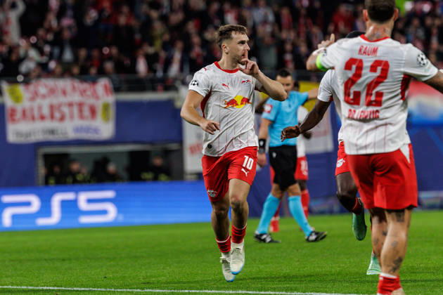 13.10.2026, GER, Fussball, Herren, UEFA Chempionsleague 2026 2027, RB Leipzig vs. PSV Eindhoven Brajan Gruda (RB Leipzig 10) jubelt nach dem 1:0 Leipzig Red Bull Arena Sachsen Deutschland Copyright: xNordphoto Trienitzx