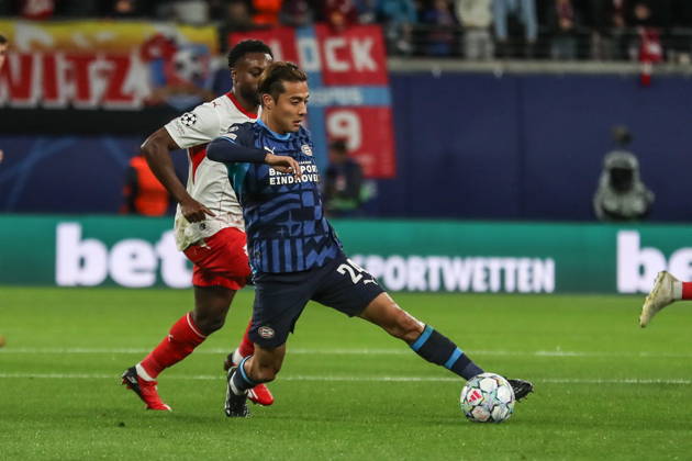 Leipzig 13.10.2026. Pilka nozna Liga Mistrzow UEFA sezon 2025 2026 kolejka 2 mecz: RB Lipsk - PSV Eindhoven --- Football UEFA Champions League season 2025 2026 round 2 match: RB Leipzig - PSV Eindhoven nz Kodai Sano Fot. Kacper Staniec NEWSPIX.PL --- newspix.pl 