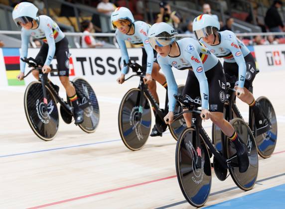 Belgian team with Belgian Katrijn De Clercq, Belgian Shari Bossuyt, Belgian Helene Hesters and Belgium Belgian Luca Vierstraete pictured in action during the Women™s Scratch event at the UCI Track cycling, Rad, Radsport, Bahnrad, Bahn World Championships in Shanghai, China on Wednesday 14 October 2026. The worlds are taking place from 14 to 18 October 2026. BENOITxDOPPAGNE  x189755355x