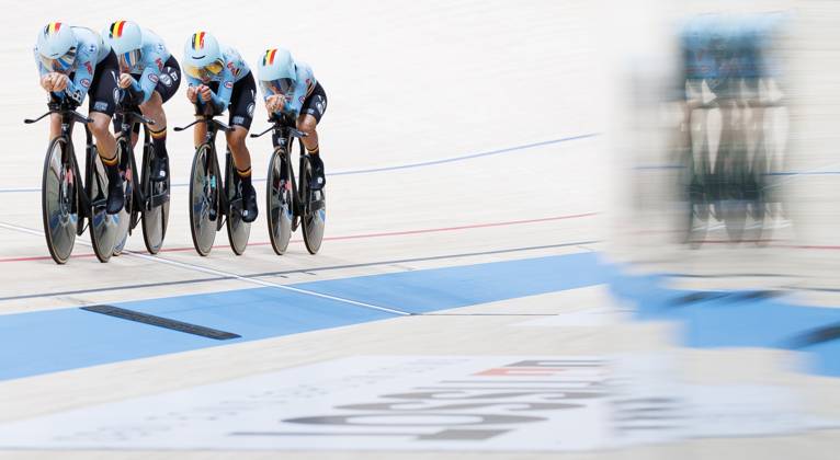 Belgian team with Belgian Katrijn De Clercq, Belgian Shari Bossuyt, Belgian Helene Hesters and Belgium Belgian Luca Vierstraete pictured in action during the Women™s Scratch event at the UCI Track cycling, Rad, Radsport, Bahnrad, Bahn World Championships in Shanghai, China on Wednesday 14 October 2026. The worlds are taking place from 14 to 18 October 2026. BENOITxDOPPAGNE  x189755356x