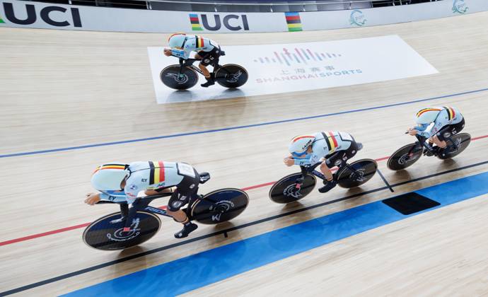 Belgian team with Belgian Katrijn De Clercq, Belgian Shari Bossuyt, Belgian Helene Hesters and Belgium Belgian Luca Vierstraete pictured in action during the Women™s Scratch event at the UCI Track cycling, Rad, Radsport, Bahnrad, Bahn World Championships in Shanghai, China on Wednesday 14 October 2026. The worlds are taking place from 14 to 18 October 2026. BENOITxDOPPAGNE  x189755351x