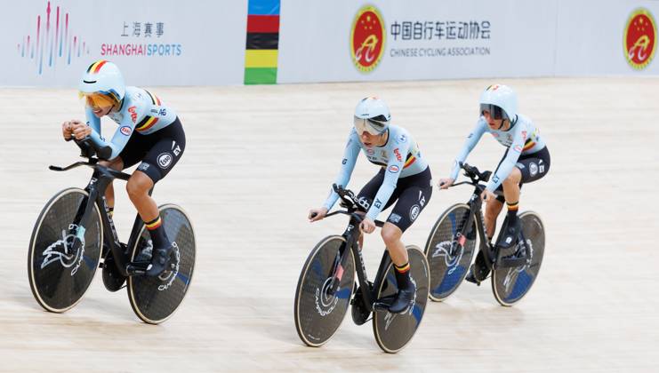 Belgian team with Belgian Katrijn De Clercq, Belgian Shari Bossuyt, Belgian Helene Hesters and Belgium Belgian Luca Vierstraete pictured in action during the Women™s Scratch event at the UCI Track cycling, Rad, Radsport, Bahnrad, Bahn World Championships in Shanghai, China on Wednesday 14 October 2026. The worlds are taking place from 14 to 18 October 2026. BENOITxDOPPAGNE  x189755352x