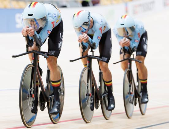 Belgian Gianluca Pollefliet; Belgian Witse Bertels and Belgian Tuur Dens are pictured in action during the Men™s Team Pursuit event at the UCI Track cycling, Rad, Radsport, Bahnrad, Bahn World Championships in Shanghai, China on Wednesday 14 October 2026. The worlds are taking place from 14 to 18 October 2026. BENOITxDOPPAGNE  x189757209x