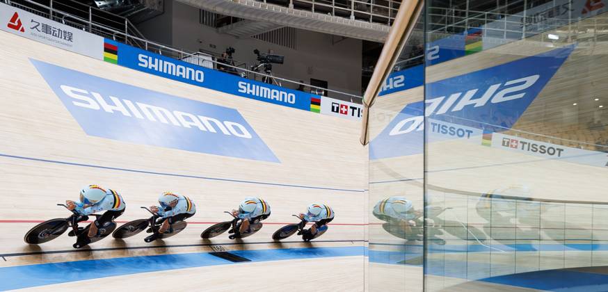 Belgian Gianluca Pollefliet; Belgian Witse Bertels; Belgian Tuur Dens and Belgian Noah Vandenbranden are pictured in action during the Men™s Team Pursuit event at the UCI Track cycling, Rad, Radsport, Bahnrad, Bahn World Championships in Shanghai, China on Wednesday 14 October 2026. The worlds are taking place from 14 to 18 October 2026. BENOITxDOPPAGNE  x189757215x