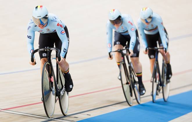 Belgian Elke Vanhoof; Belgian Nicky Degrendele and Belgian Zita Gheysens are pictured in action during the Women™s Team Sprint event at the UCI Track cycling, Rad, Radsport, Bahnrad, Bahn World Championships in Shanghai, China on Wednesday 14 October 2026. The worlds are taking place from 14 to 18 October 2026. BENOITxDOPPAGNE  x189761057x
