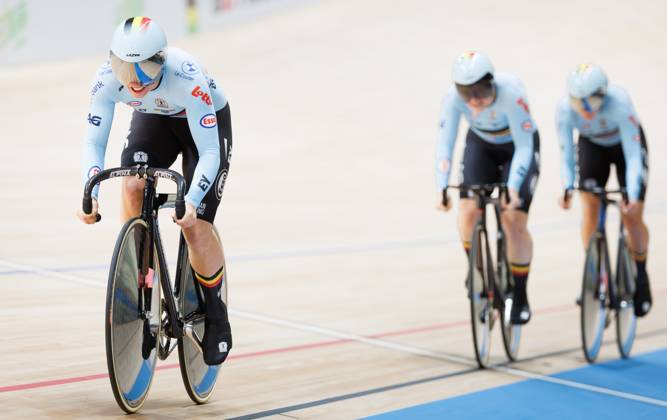 Belgian Elke Vanhoof; Belgian Nicky Degrendele and Belgian Zita Gheysens are pictured in action during the Women™s Team Sprint event at the UCI Track cycling, Rad, Radsport, Bahnrad, Bahn World Championships in Shanghai, China on Wednesday 14 October 2026. The worlds are taking place from 14 to 18 October 2026. BENOITxDOPPAGNE  x189761060x