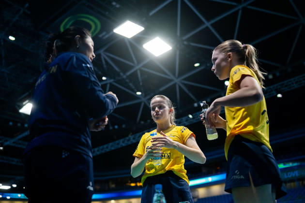 261014 Head coach Fang Zhang, Filippa Bergand and Christina Källberg of Sweden during day 4 of the European Table tennis, Tischtennis Championship on October 14, 2026 in Ljubljana. Photo: Martin Metelko BILDBYRÅN COP 362 ME0001 bordtennis table tennis pingis 2026 european table tennis championship bordtennis-em em 4 bbeng Copyright: MARTINxMETELKO BB261014BB377
