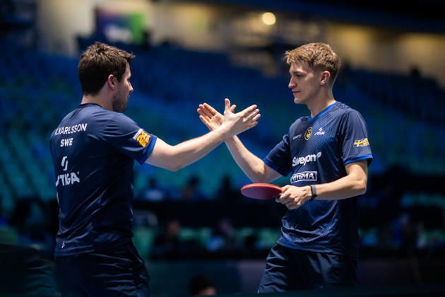 261014 Kristian Karlsson and Anton Källberg of Sweden celebrate during day 4 of the European Table tennis, Tischtennis Championship on October 14, 2026 in Ljubljana. Photo: Martin Metelko BILDBYRÅN COP 362 ME0001 bordtennis table tennis pingis 2026 european table tennis championship bordtennis-em em 4 bbeng jubel Copyright: MARTINxMETELKO BB261014BB395