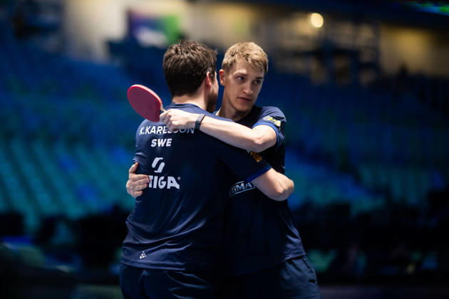 261014 Kristian Karlsson and Anton Källberg of Sweden celebrate during day 4 of the European Table tennis, Tischtennis Championship on October 14, 2026 in Ljubljana. Photo: Martin Metelko BILDBYRÅN COP 362 ME0001 bordtennis table tennis pingis 2026 european table tennis championship bordtennis-em em 4 bbeng jubel Copyright: MARTINxMETELKO BB261014BB396