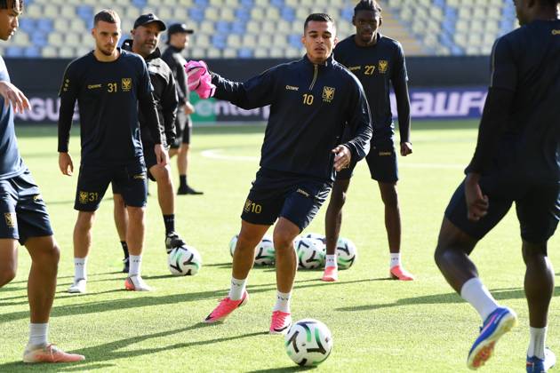 STVV s Ilias Sebaoui pictured in action during a training session of Belgian soccer team Sint-Truidense VV, Wednesday 14 October 2026 in Sint-Truiden. The team is preparing for the opening match of the UEFA Conference League league phase against Georgian FC Iberia 1999 Tbilisi tomorrow. JILLxDELSAUX  x189775399x