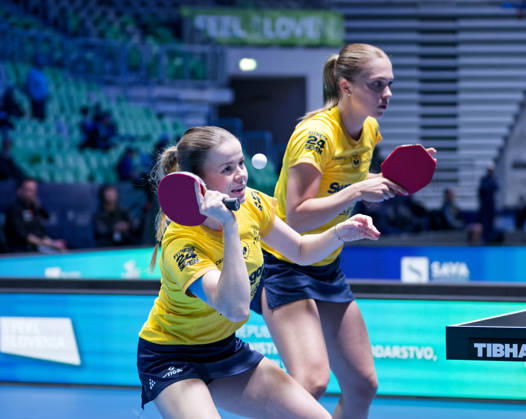 Christina Kallberg-Filippa Bergand Sweden (foto-ms5352) at the 2026 European Table tennis, Tischtennis Championships in Ljubljana LJUBLJANA, SLOVENIA - 14 OCTOBER 2026: Christina Kallberg-Filippa Bergand Sweden (foto-ms5352) in action at the European Table Tennis Championships in Stozice Arena, Ljubljana, Slovenia Ljubljana Stozice Arena Slovenia