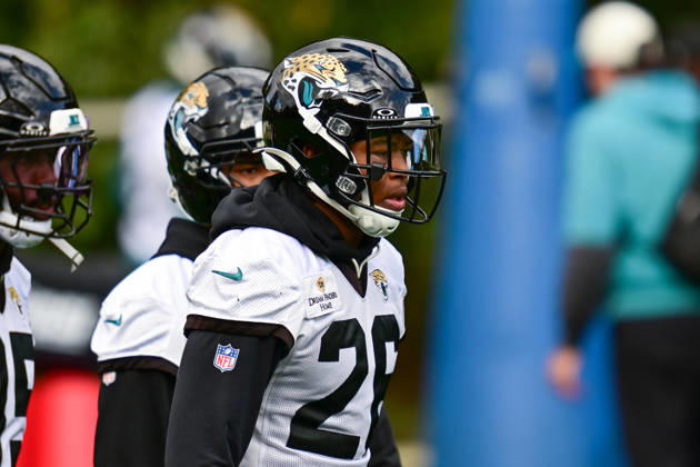 Jacksonville Jaguars, Press and Training Jacksonville Jaguars safety Kaevon Merriweather (26) during the press conference, PK, Pressekonferenz practise session for Jacksonville Jaguars at the Grove Hotel, Chandler s Cross, UK on 14 October 2026. Chandler s Cross Grove Hotel Hertfordshire UK Editorial use only , Copyright: xDennisxGoodwinx PSI-24998-0034