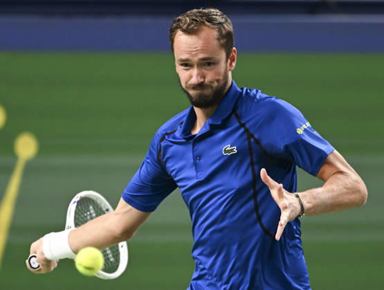 (261014) -- SHANGHAI, Oct. 14, 2026 -- Daniil Medvedev of Russia hits a return during the men s round of 16 match against Stefanos Tsitsipas of Greece at the 2026 ATP, Tennis Herren tour Shanghai Masters tennis tournament in Shanghai, China, Oct. 14, 2026. ) (SP)CHINA-SHANGHAI-TENNIS-SHANGHAI MASTERS-MEN S SINGLES (CN) ChenxHaoming 