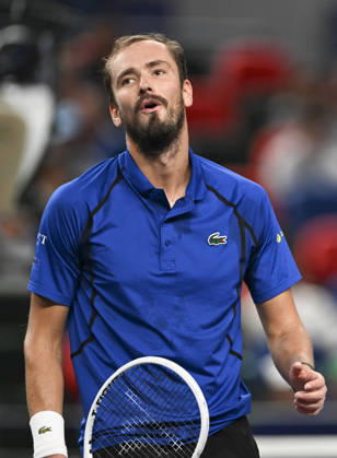 (261014) -- SHANGHAI, Oct. 14, 2026 -- Daniil Medvedev of Russia reacts during the men s round of 16 match against Stefanos Tsitsipas of Greece at the 2026 ATP, Tennis Herren tour Shanghai Masters tennis tournament in Shanghai, China, Oct. 14, 2026. ) (SP)CHINA-SHANGHAI-TENNIS-SHANGHAI MASTERS-MEN S SINGLES (CN) ChenxHaoming 