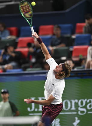 (261014) -- SHANGHAI, Oct. 14, 2026 -- Stefanos Tsitsipas of Greece serves during the men s round of 16 match against Daniil Medvedev of Russia at the 2026 ATP, Tennis Herren tour Shanghai Masters tennis tournament in Shanghai, China, Oct. 14, 2026. ) (SP)CHINA-SHANGHAI-TENNIS-SHANGHAI MASTERS-MEN S SINGLES (CN) ChenxHaoming 