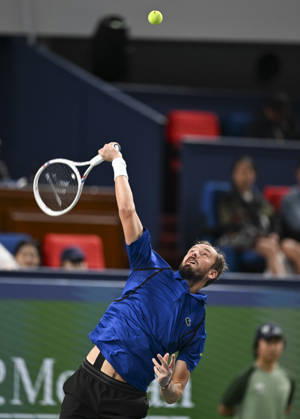 (261014) -- SHANGHAI, Oct. 14, 2026 -- Daniil Medvedev of Russia serves during the men s round of 16 match against Stefanos Tsitsipas of Greece at the 2026 ATP, Tennis Herren tour Shanghai Masters tennis tournament in Shanghai, China, Oct. 14, 2026. ) (SP)CHINA-SHANGHAI-TENNIS-SHANGHAI MASTERS-MEN S SINGLES (CN) ChenxHaoming 