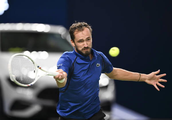 (261014) -- SHANGHAI, Oct. 14, 2026 -- Daniil Medvedev of Russia hits a return during the men s round of 16 match against Stefanos Tsitsipas of Greece at the 2026 ATP, Tennis Herren tour Shanghai Masters tennis tournament in Shanghai, China, Oct. 14, 2026. ) (SP)CHINA-SHANGHAI-TENNIS-SHANGHAI MASTERS-MEN S SINGLES (CN) ChenxHaoming 