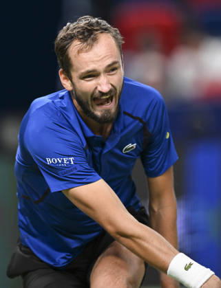 (261014) -- SHANGHAI, Oct. 14, 2026 -- Daniil Medvedev of Russia reacts during the men s round of 16 match against Stefanos Tsitsipas of Greece at the 2026 ATP, Tennis Herren tour Shanghai Masters tennis tournament in Shanghai, China, Oct. 14, 2026. ) (SP)CHINA-SHANGHAI-TENNIS-SHANGHAI MASTERS-MEN S SINGLES (CN) ChenxHaoming 