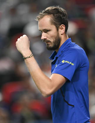 (261014) -- SHANGHAI, Oct. 14, 2026 -- Daniil Medvedev of Russia celebrates scoring during the men s round of 16 match against Stefanos Tsitsipas of Greece at the 2026 ATP, Tennis Herren tour Shanghai Masters tennis tournament in Shanghai, China, Oct. 14, 2026. ) (SP)CHINA-SHANGHAI-TENNIS-SHANGHAI MASTERS-MEN S SINGLES (CN) ChenxHaoming 