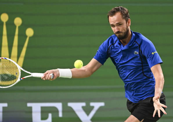 (261014) -- SHANGHAI, Oct. 14, 2026 -- Daniil Medvedev of Russia hits a return during the men s round of 16 match against Stefanos Tsitsipas of Greece at the 2026 ATP, Tennis Herren tour Shanghai Masters tennis tournament in Shanghai, China, Oct. 14, 2026. ) (SP)CHINA-SHANGHAI-TENNIS-SHANGHAI MASTERS-MEN S SINGLES (CN) ChenxHaoming 