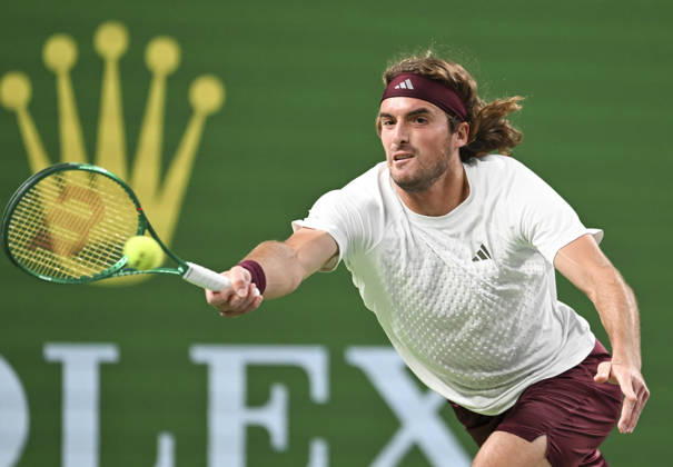(261014) -- SHANGHAI, Oct. 14, 2026 -- Stefanos Tsitsipas of Greece hits a return during the men s round of 16 match against Daniil Medvedev of Russia at the 2026 ATP, Tennis Herren tour Shanghai Masters tennis tournament in Shanghai, China, Oct. 14, 2026. ) (SP)CHINA-SHANGHAI-TENNIS-SHANGHAI MASTERS-MEN S SINGLES (CN) ChenxHaoming 