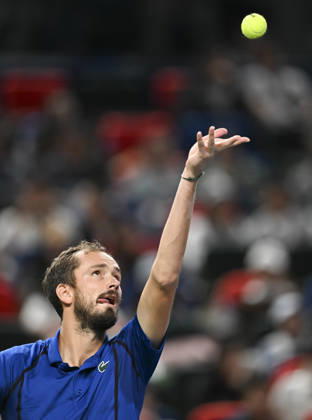 (261014) -- SHANGHAI, Oct. 14, 2026 -- Daniil Medvedev of Russia serves during the men s round of 16 match against Stefanos Tsitsipas of Greece at the 2026 ATP, Tennis Herren tour Shanghai Masters tennis tournament in Shanghai, China, Oct. 14, 2026. ) (SP)CHINA-SHANGHAI-TENNIS-SHANGHAI MASTERS-MEN S SINGLES (CN) ChenxHaoming 