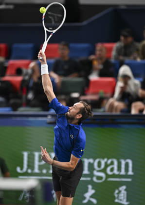 (261014) -- SHANGHAI, Oct. 14, 2026 -- Daniil Medvedev of Russia serves during the men s round of 16 match against Stefanos Tsitsipas of Greece at the 2026 ATP, Tennis Herren tour Shanghai Masters tennis tournament in Shanghai, China, Oct. 14, 2026. ) (SP)CHINA-SHANGHAI-TENNIS-SHANGHAI MASTERS-MEN S SINGLES (CN) ChenxHaoming 