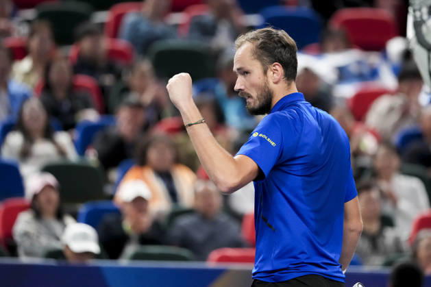 (261014) -- SHANGHAI, Oct. 14, 2026 -- Daniil Medvedev of Russia celebrates scoring during the men s round of 16 match against Stefanos Tsitsipas of Greece at the 2026 ATP, Tennis Herren tour Shanghai Masters tennis tournament in Shanghai, China, Oct. 14, 2026. ) (SP)CHINA-SHANGHAI-TENNIS-SHANGHAI MASTERS-MEN S SINGLES (CN) WangxXiang 
