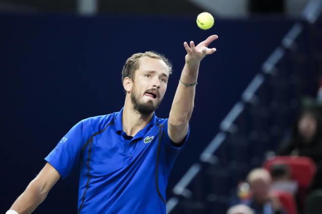 (261014) -- SHANGHAI, Oct. 14, 2026 -- Daniil Medvedev of Russia serves during the men s round of 16 match against Stefanos Tsitsipas of Greece at the 2026 ATP, Tennis Herren tour Shanghai Masters tennis tournament in Shanghai, China, Oct. 14, 2026. ) (SP)CHINA-SHANGHAI-TENNIS-SHANGHAI MASTERS-MEN S SINGLES (CN) WangxXiang 