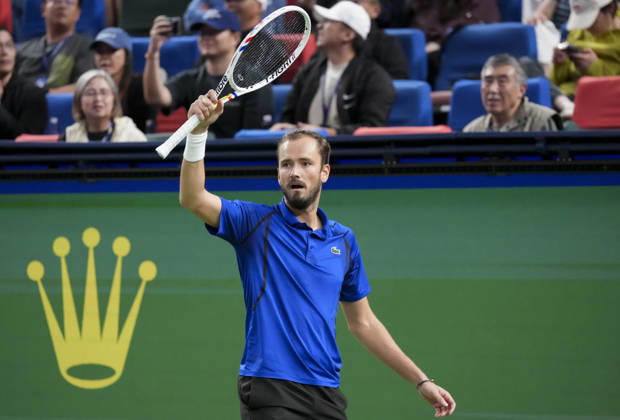(261014) -- SHANGHAI, Oct. 14, 2026 -- Daniil Medvedev of Russia celebrates scoring during the men s round of 16 match against Stefanos Tsitsipas of Greece at the 2026 ATP, Tennis Herren tour Shanghai Masters tennis tournament in Shanghai, China, Oct. 14, 2026. ) (SP)CHINA-SHANGHAI-TENNIS-SHANGHAI MASTERS-MEN S SINGLES (CN) WangxXiang 